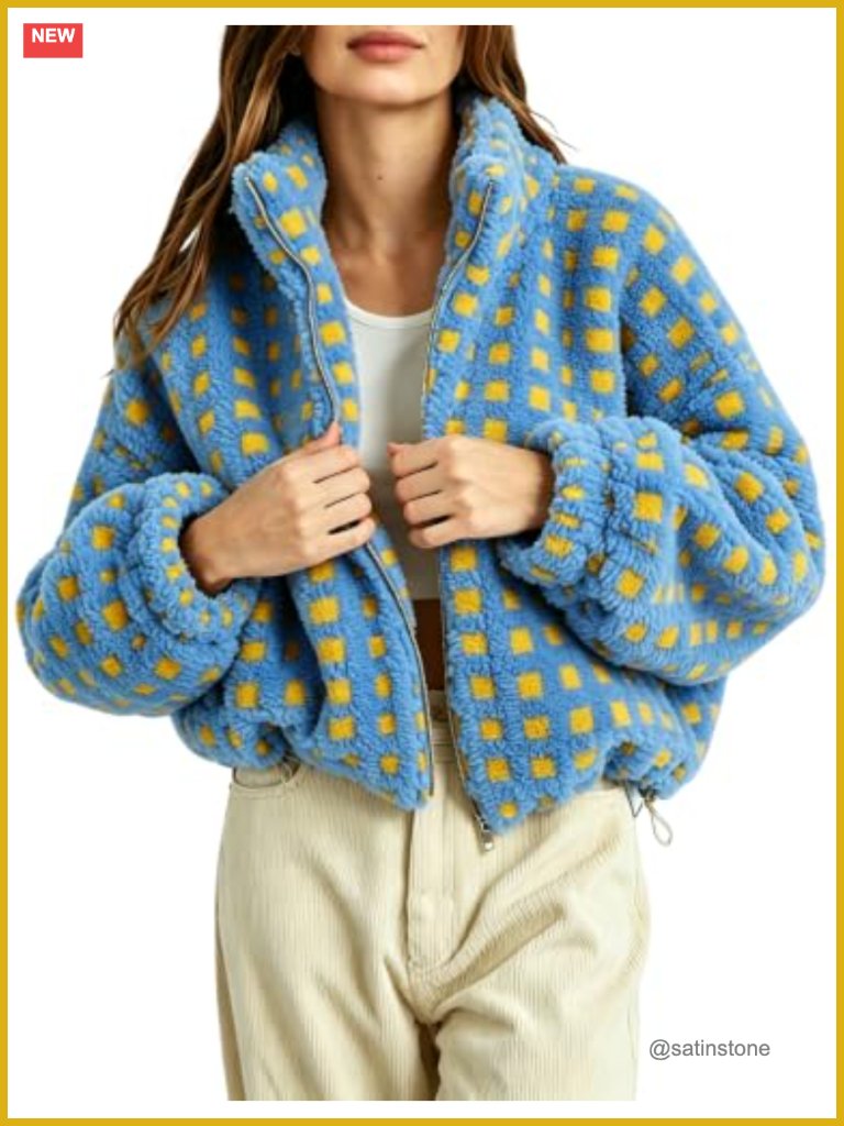 Sherpa Fleece Plaid Cropped Jacket Casual Teddy Outerwear Long Sleeve Zip Up